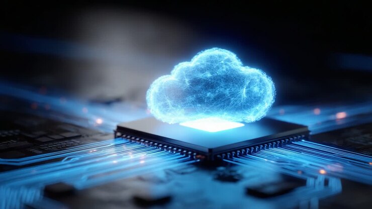 A Glowing Cloud Symbolizing Data Storage and Connectivity Emerging from a Central Processing Unit, Representing the Fusion of Technology and Cloud Computing
