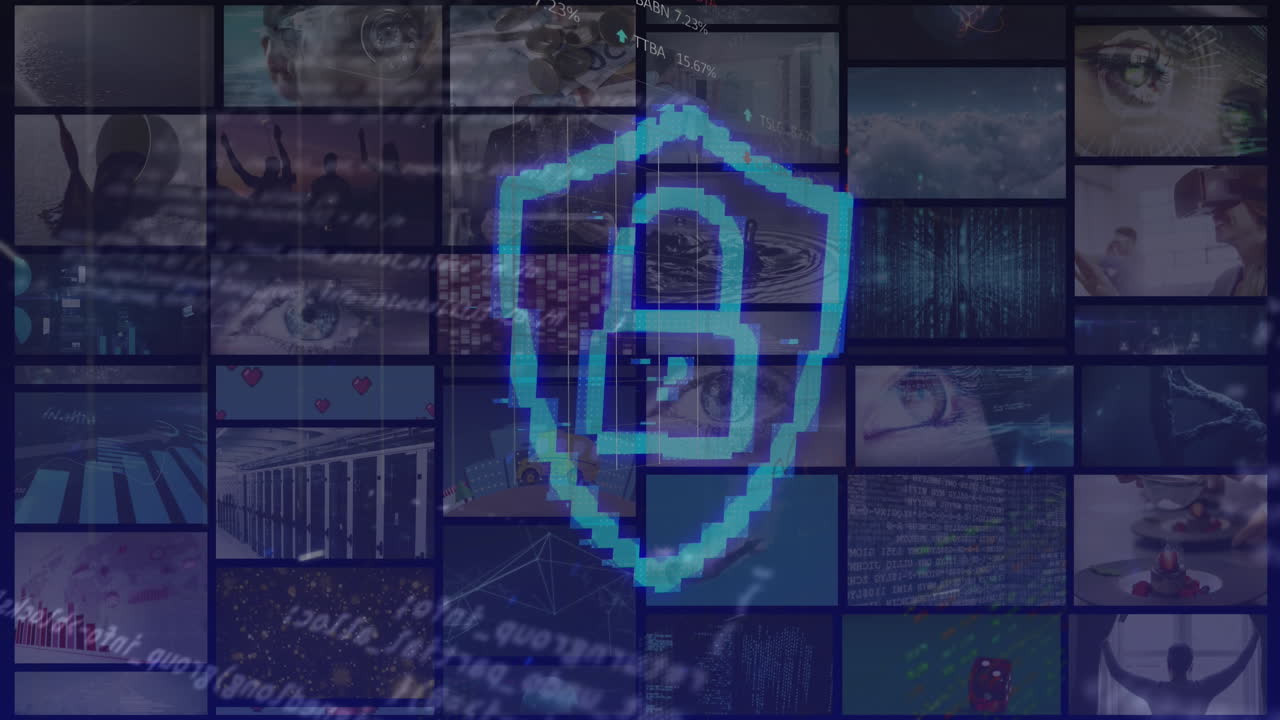 Animation of online security padlock and data processing on screens