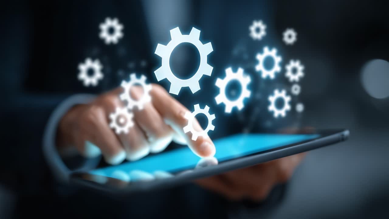 Exploring Digital Mechanisms: A Professional Engages with Technology by Manipulating Gear Icons on a Tablet, Symbolizing Innovation and Process Management