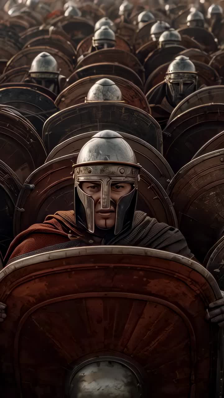 Vertical video: Camera moving helmeted front soldier holding shield, staring on plain to hold line