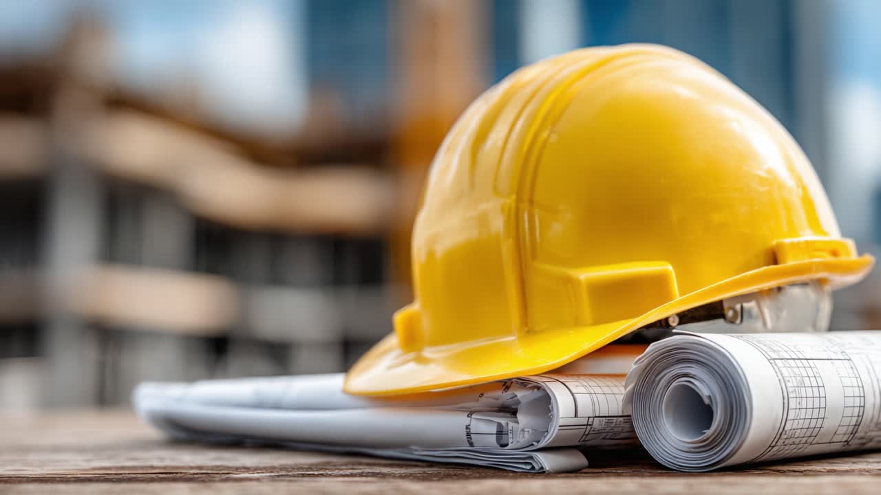 A Close-Up View of a Yellow Hard Hat Resting on Architectural Blueprints, Symbolizing Safety and Planning in Construction Environments Under a Clear Blue Sky