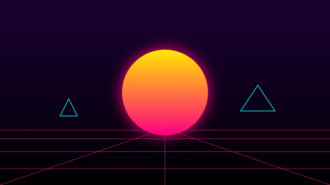 Animazione vibrante di un tramonto neon retrò con sole luminoso, linee a griglia e forme geometriche su uno sfondo scuro. Grafica in movimento perfetta in stile synthwave per visual musicali, intro e contenuti digitali.