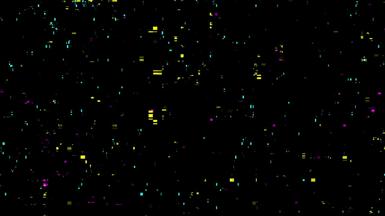 Effetto Glitch Digitale con Pixel Gialli e Viola su Sfondo Nero