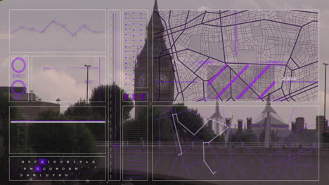 animación del procesamiento de datos financieros sobre el paisaje urbano de londres
