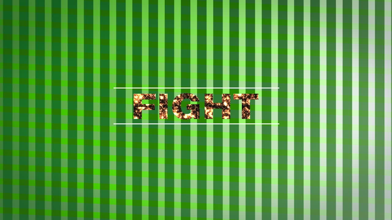 Animação digital de texto "fight" sobre fundo listrado verde