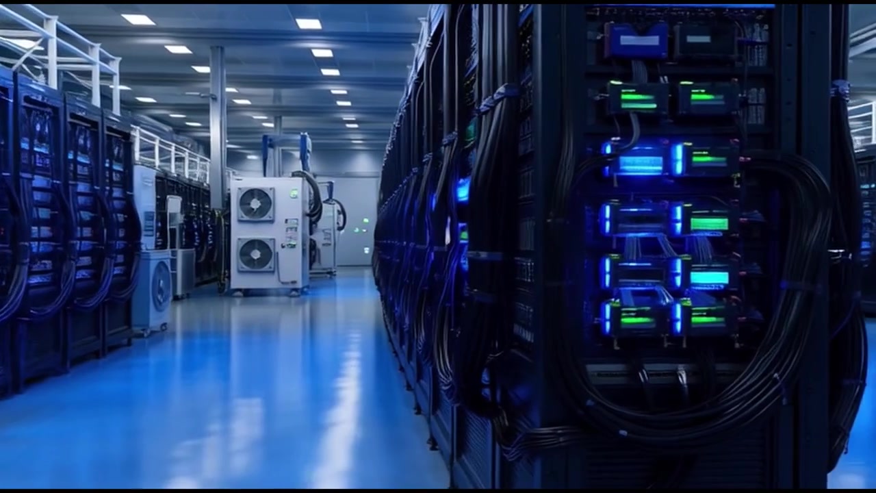 Modern Data Center Server Room with Rows of Computing Equipment