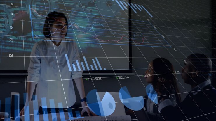 Animation of data processing over diverse business people working in office