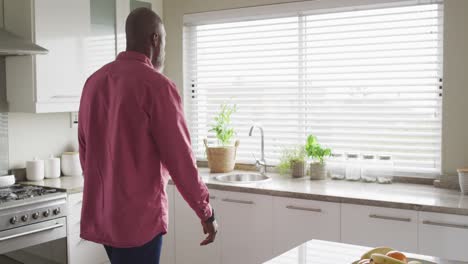 Video-of-back-view-of-african-american-man-walking-in-kitchen