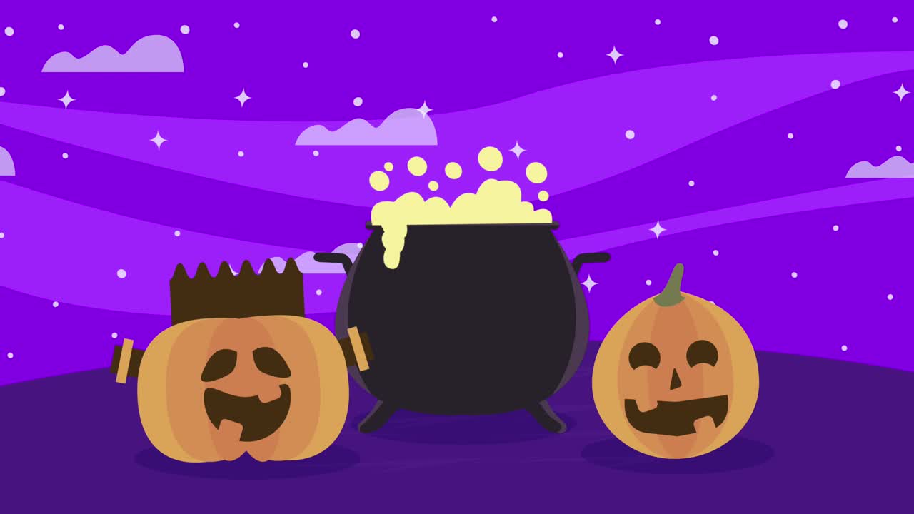 happy halloween pumpkins and cauldron animation