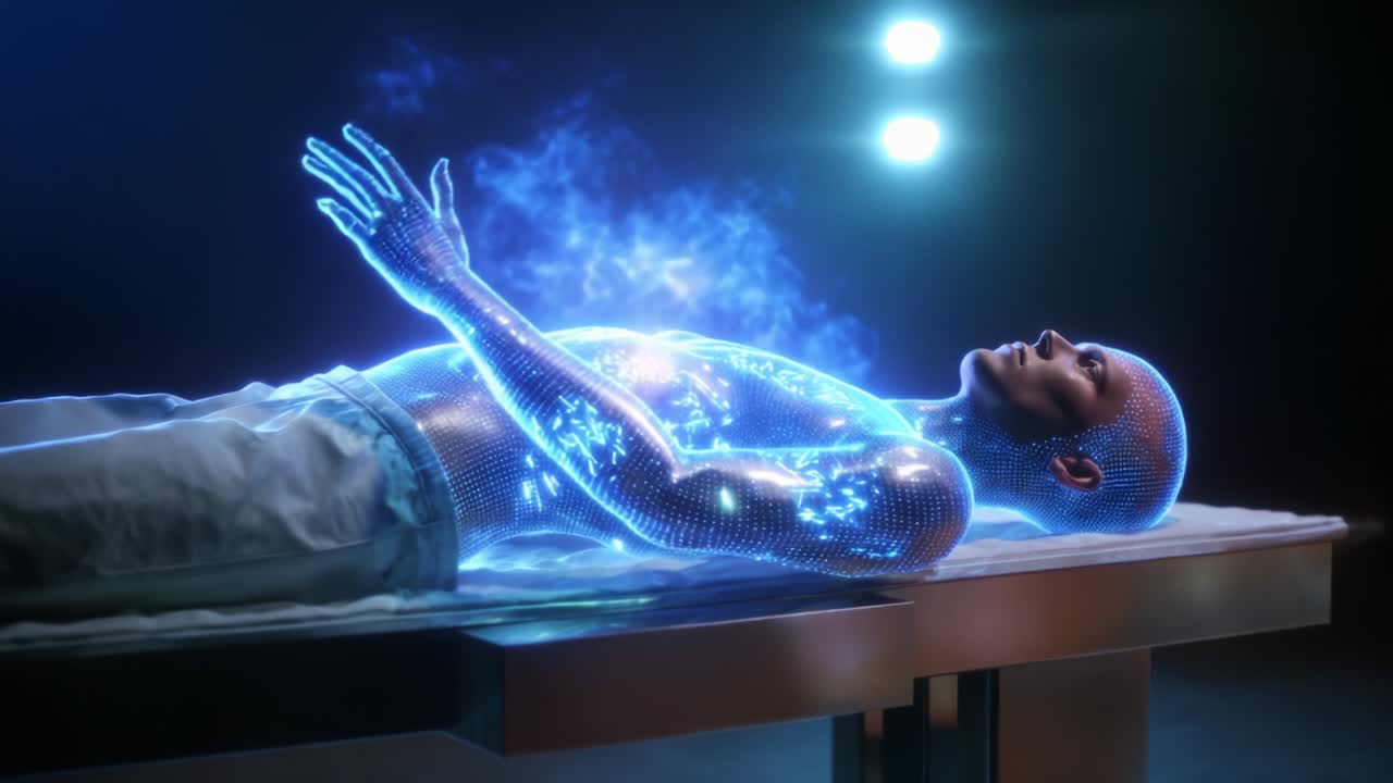 A futuristic representation of a human-like figure encased in a luminous, digital cocoon, showcasing intricate designs of light and energy, suggesting advanced technology and exploration of consciousness