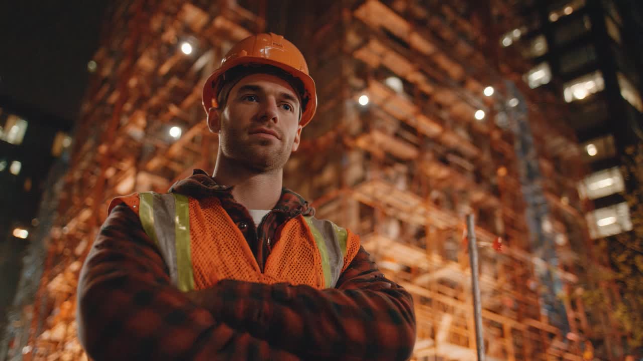 A confident construction worker stands in front of a dynamically lit building site at night, showcasing dedication and safety in the bustling urban environment