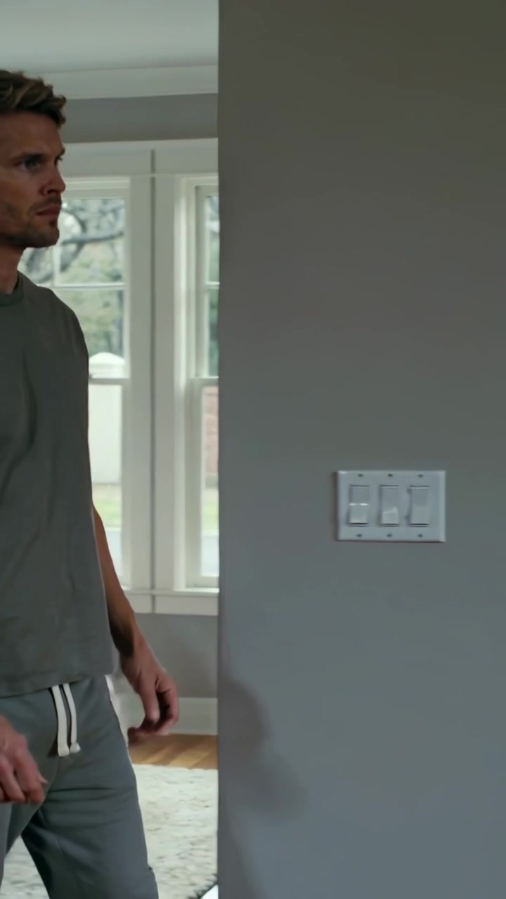 Vertical video: Entering frame, walking man in grey clothes past bed into kitchen, copy space