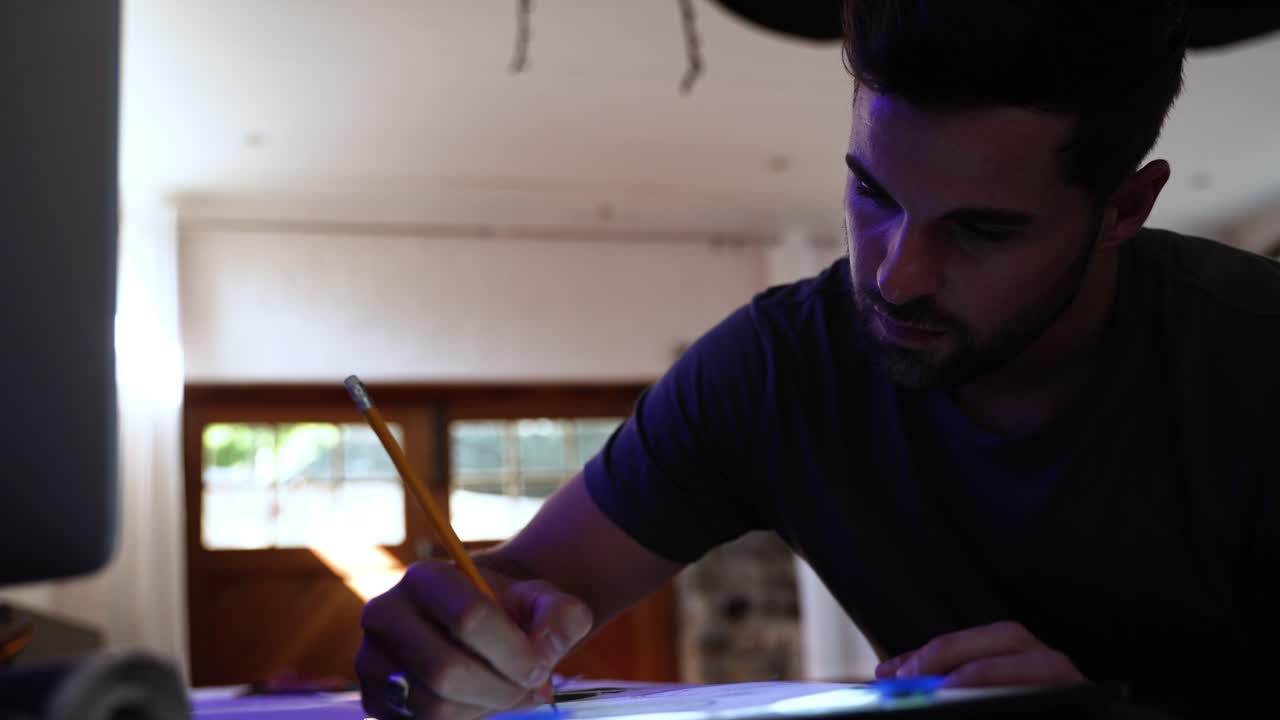 joven hombre guapo con cabello oscuro y barba sentado en su escritorio dibujando en papel con un lápiz y mostrando que está pensando trayendo su mano a su frente por un momento