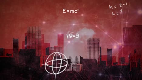 Animación-De-Ecuaciones-Y-Diagramas-Matemáticos,-Puntos-Conectados-Sobre-El-Paisaje-Urbano