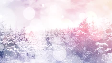 animation of white christmas snow falling over trees in winter landscape