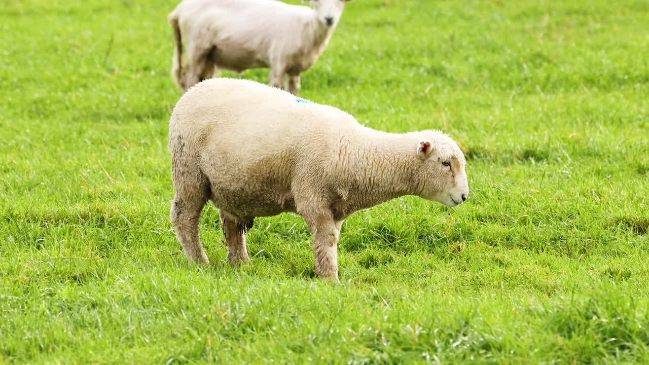 Devon Closewool sheep graze peacefully in a lush green field under natural daylight in Wanaka, New Zealand