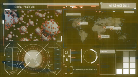 Animation-of-biological-data-and-virus-cells-processing-on-yellow-digital-screen