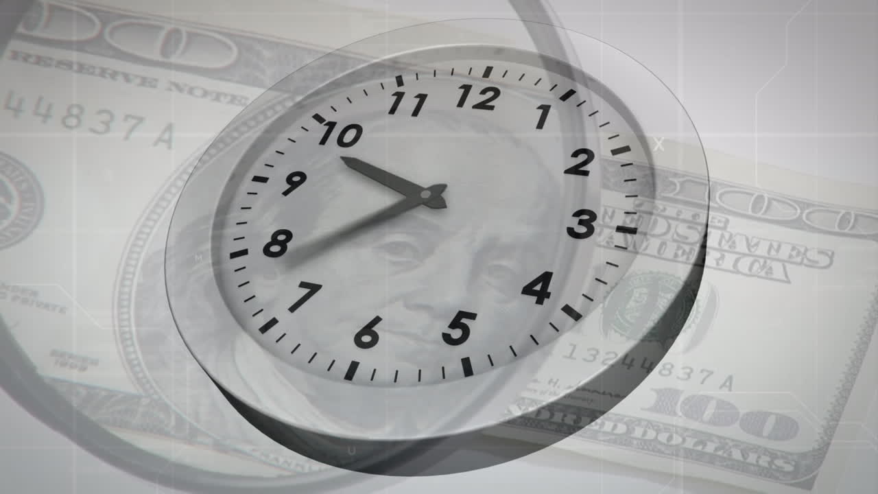 animación del reloj y la lupa sobre el billete de moneda del dólar estadounidense.