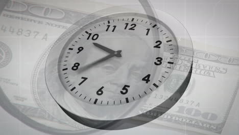 animación del reloj y la lupa sobre el billete de moneda del dólar estadounidense.