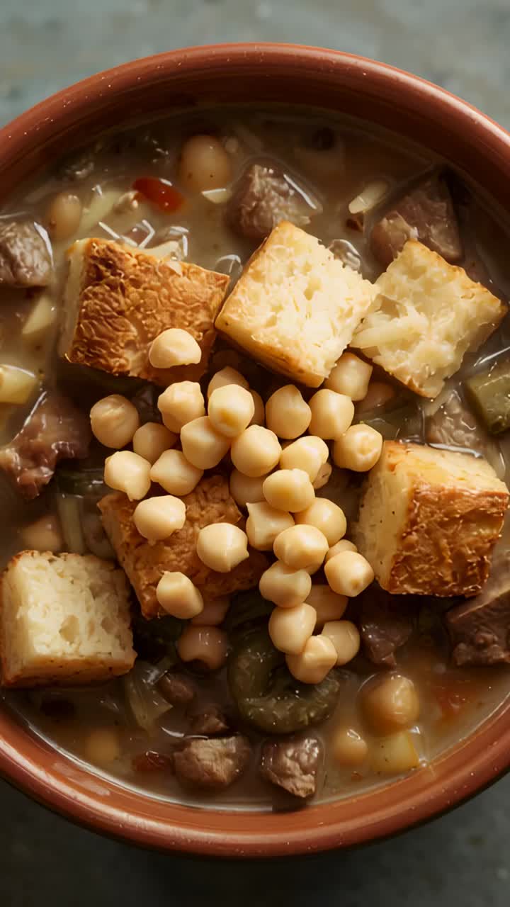 Vídeo vertical: Câmera com zoom começando na cozinha, mostrando tigela de barro com grão de bico e croutons