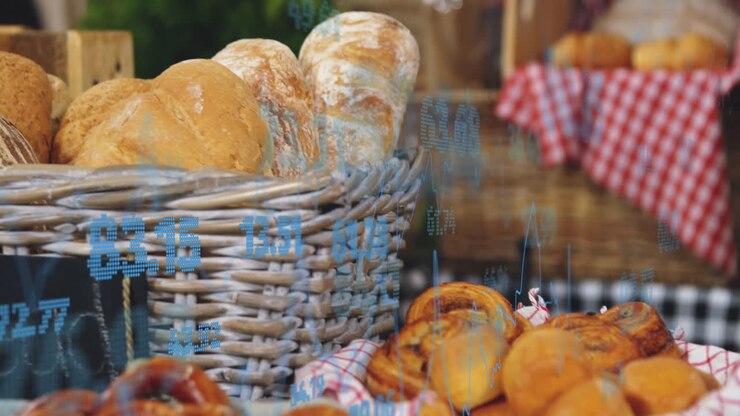 Animation of statistics and data processing over bread in baskets in food shop