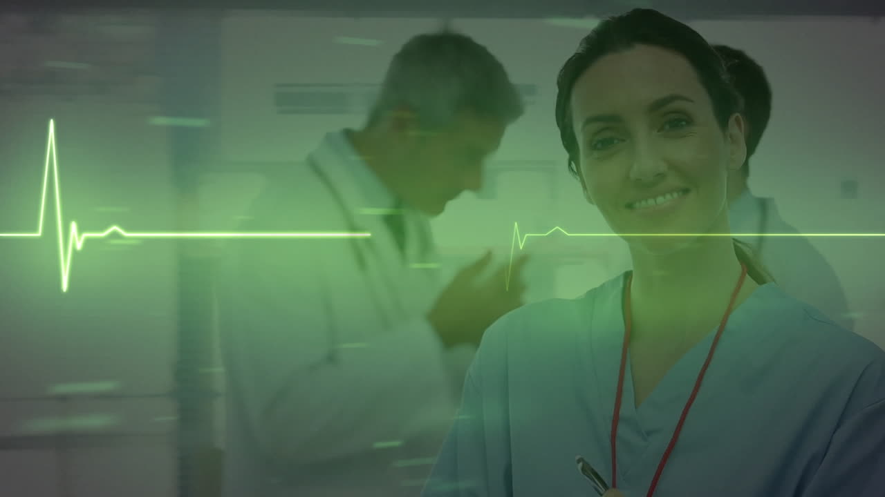 animación del procesamiento de datos médicos sobre diversos médicos en el hospital