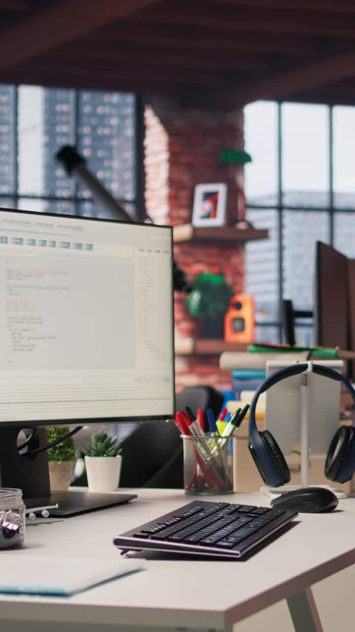 Vertical video PC display on startup office desk showing programming languages