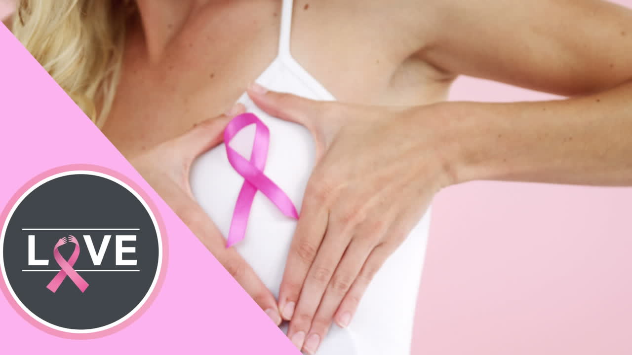 Animazione del testo sulla consapevolezza del cancro su una donna caucasica