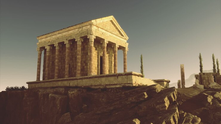Antico tempio che si erge maestoso sullo sfondo di un tramonto in un paesaggio sereno