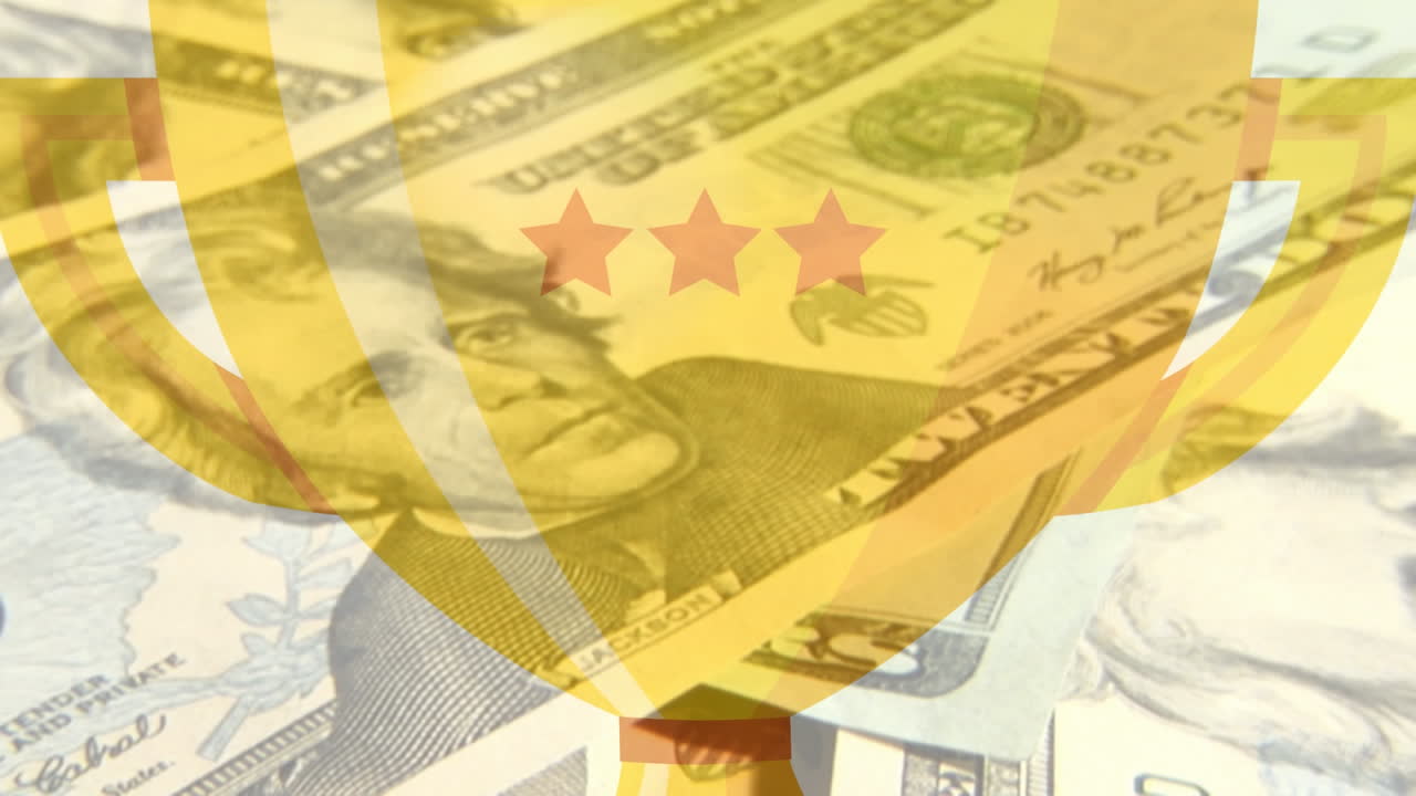 animación de billetes de dólar estadounidense y trofeo