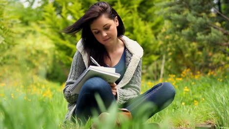 Mujer-Joven-Sonriente-Sentada-Sobre-El-Césped-Escribiendo-En-El-Bloc-De-Notas