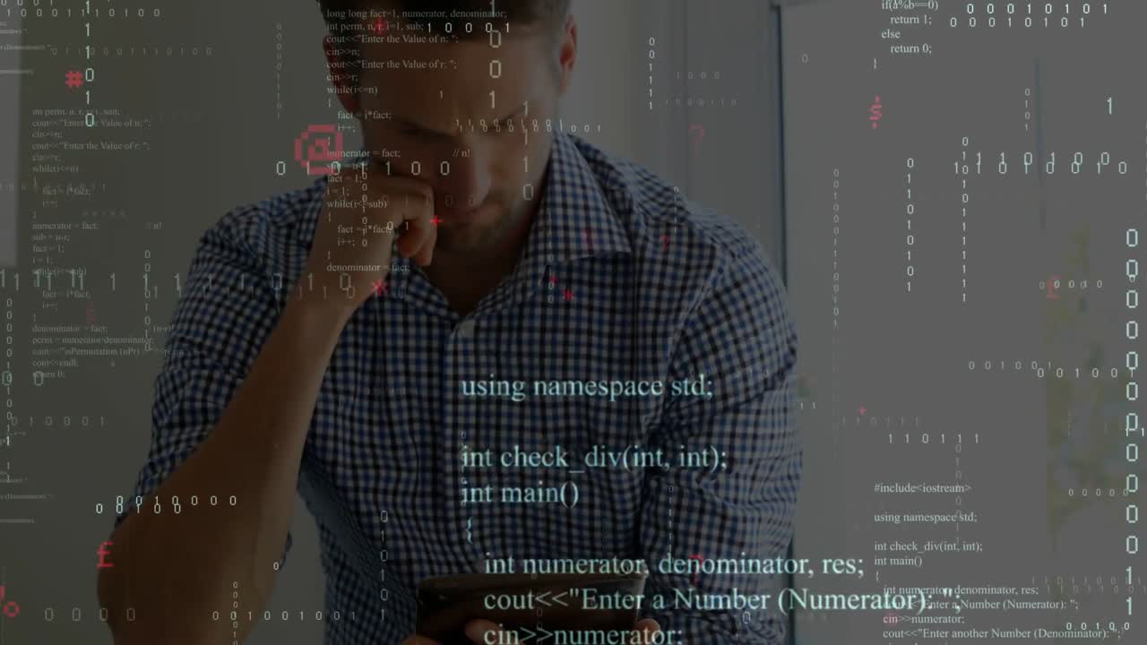 Man leg-crossed tapping tablet, bringing code overlays as camera lifting and studying for tech