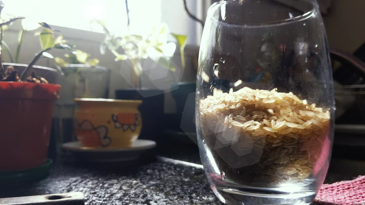 유리 컵에 떨어지는 의 클로즈업.