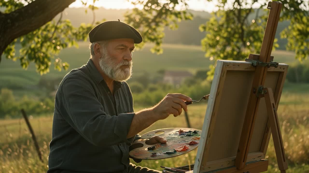 Um Artista Sereno Capturando a Beleza da Natureza: Um Homem Idoso de Boina Pintando Numa Tela Rodeado por Campos Verdes Exuberantes e um Pôr do Sol Dourado