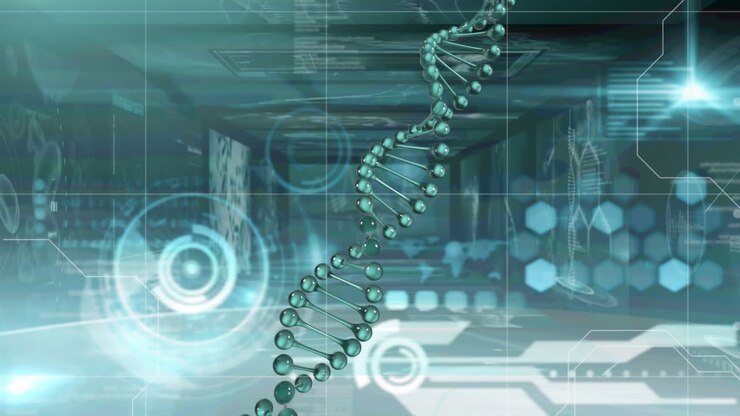 Dna structure spinning and round scanner against screens on medical data processing