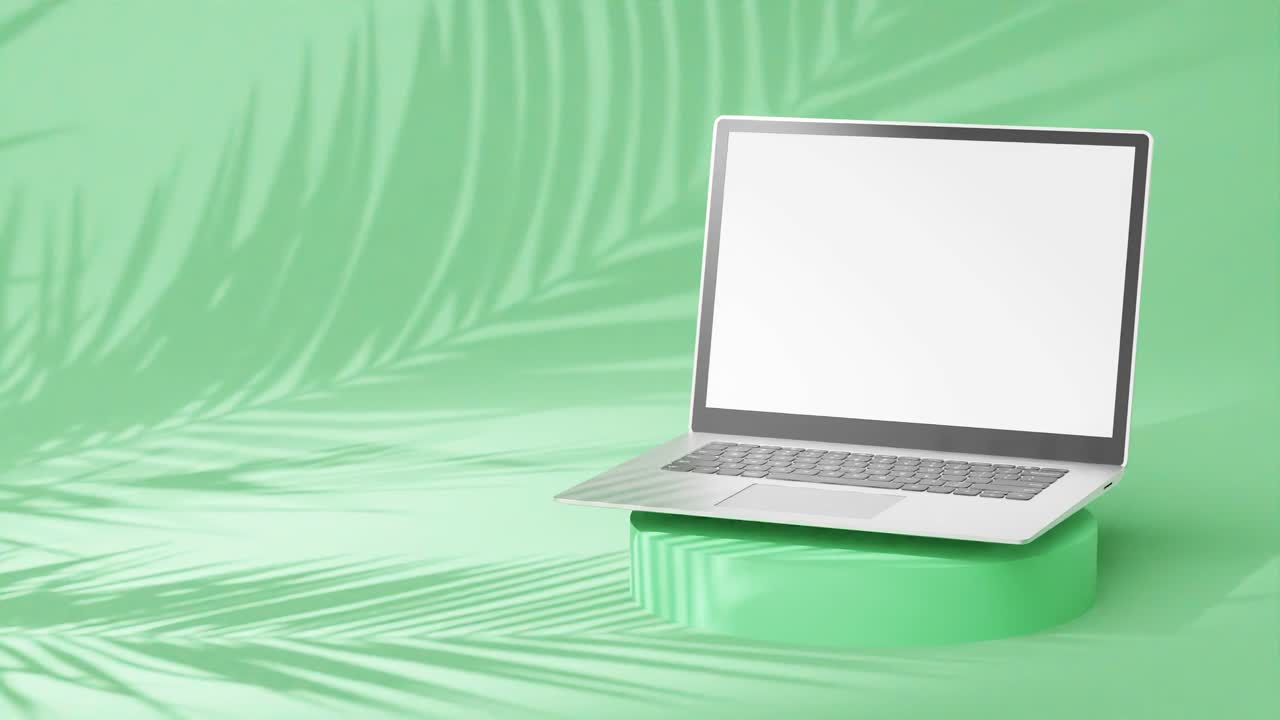 portátil plateado elegante en un pedestal redondo, pantalla vacía con sombras de palmera en un fondo verde