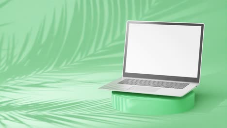 sleek silver laptop on round pedestal, empty screen with palm tree shadows on green background