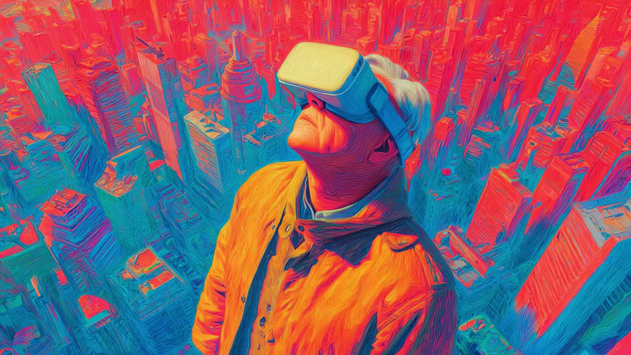 A person wearing virtual reality goggles gazes upwards in a vibrant, digitally enhanced skyline, embodying the fusion of technology and urban exploration in a visually striking manner