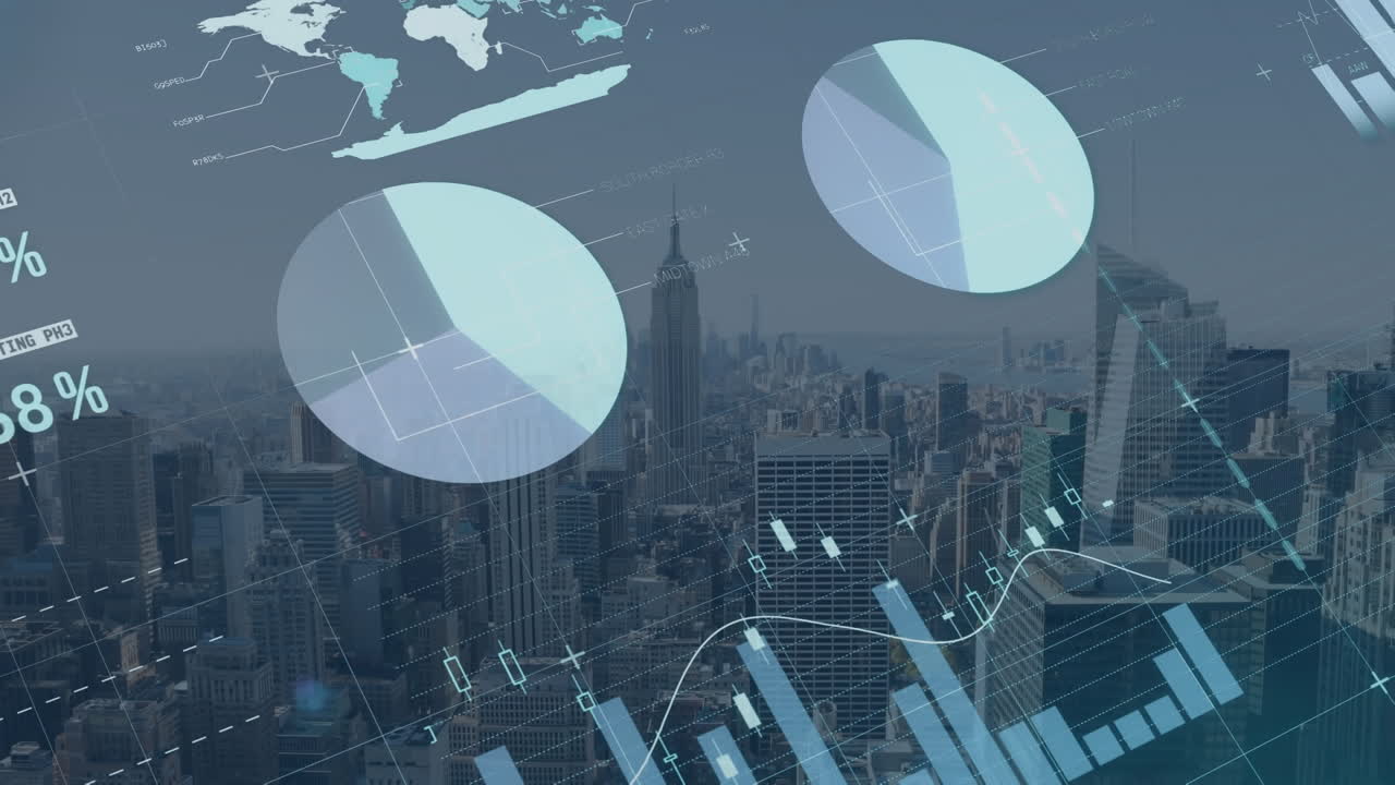 Animation of statistical data processing over grid network against aerial view of cityscape