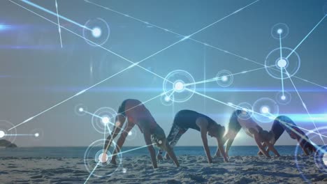 animation of data processing over group of female friends practicing yoga, meditating at the beach