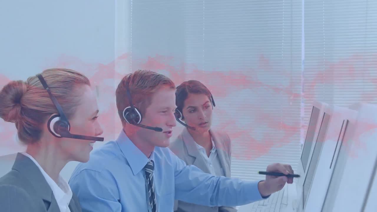 전화 헤드 ⁇ 을 착용 한 사업가 들 위 의  ⁇ 은 파동 의 애니메이션