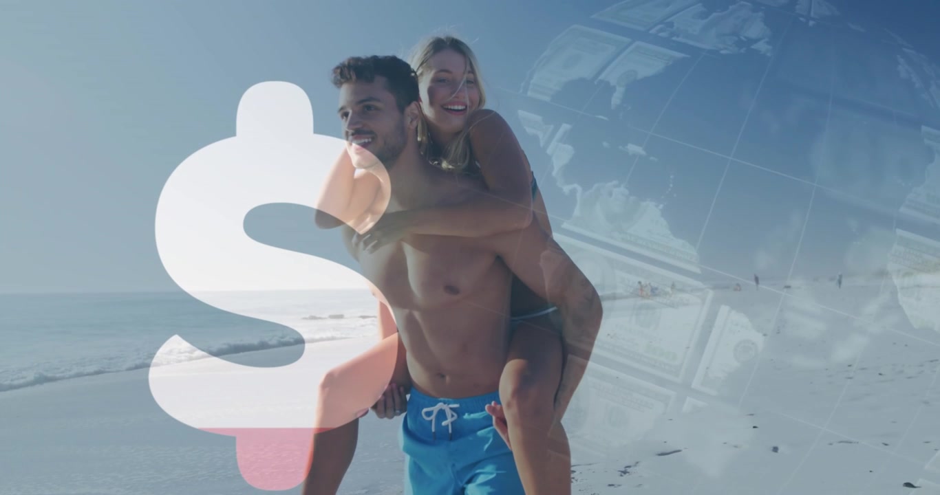 Animation of american dollar sign and financial data processing over couple on beach