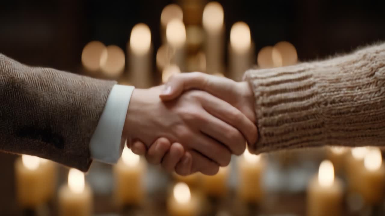Un momento di connessione: due mani che si stringono saldamente davanti a uno sfondo di luce di candela soffusa e tremolante, a simboleggiare fiducia e accordo