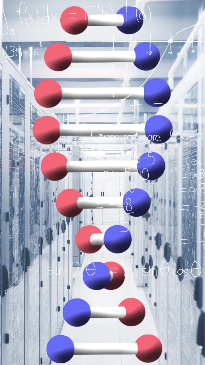 Animation of data processing and dna strand over server room