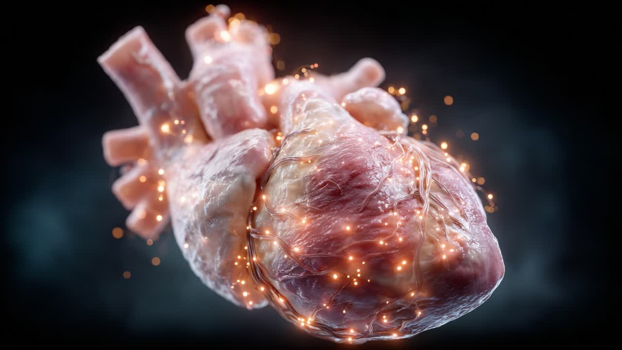 A Stunning 3D Visualization of a Human Heart with Glowing Effects, Capturing the Intricate Details and Mystique of the Human Circulatory System in Motion