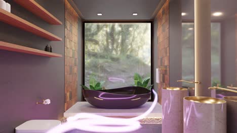 3d computer render of stylish bathroom with modern bath tub, dolly in