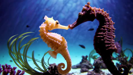 two seahorses in an aquarium