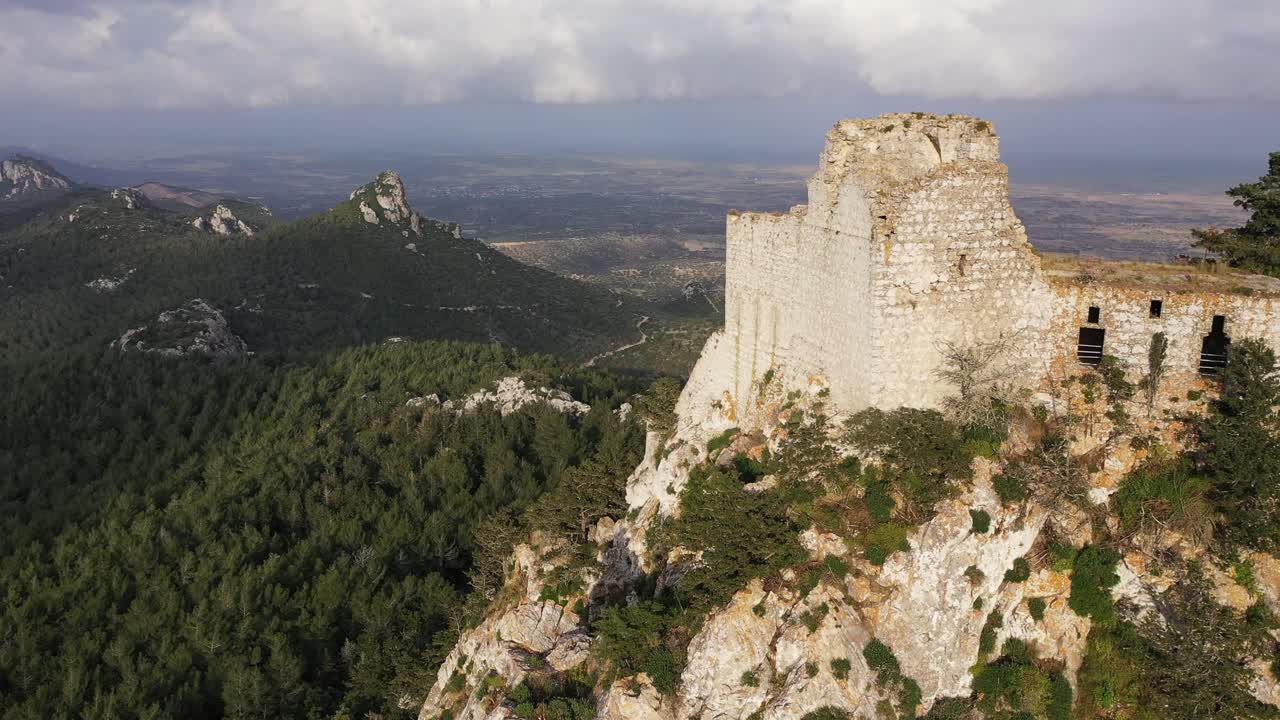 Aerial view of the historic Kantara Castle located on the mountain overlooking the Karpasia Peninsula