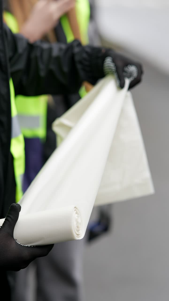 manifestantes sosteniendo y enrollando bolsas de plástico