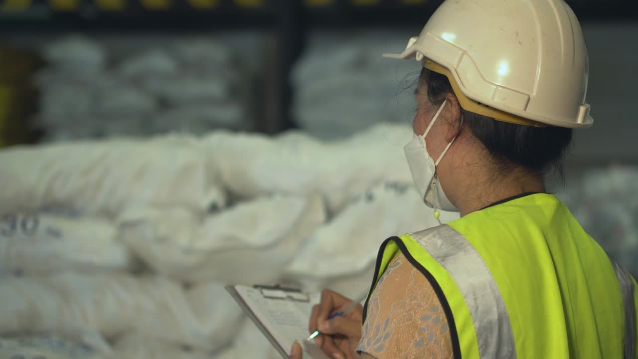 una trabajadora de almacén está contando productos y comprobando las existencias de la industria química.